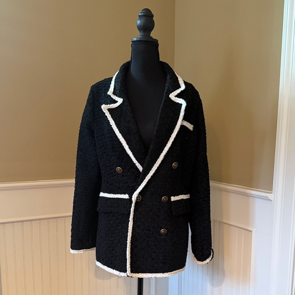 Aqua Black Double-Breasted Pea Coat with White Trim